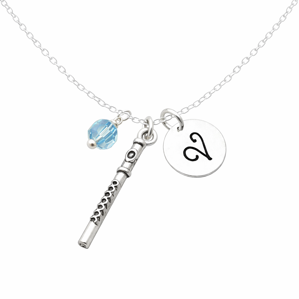 Flute Necklace – Sterling Silver with Birthstone & Initial Charm