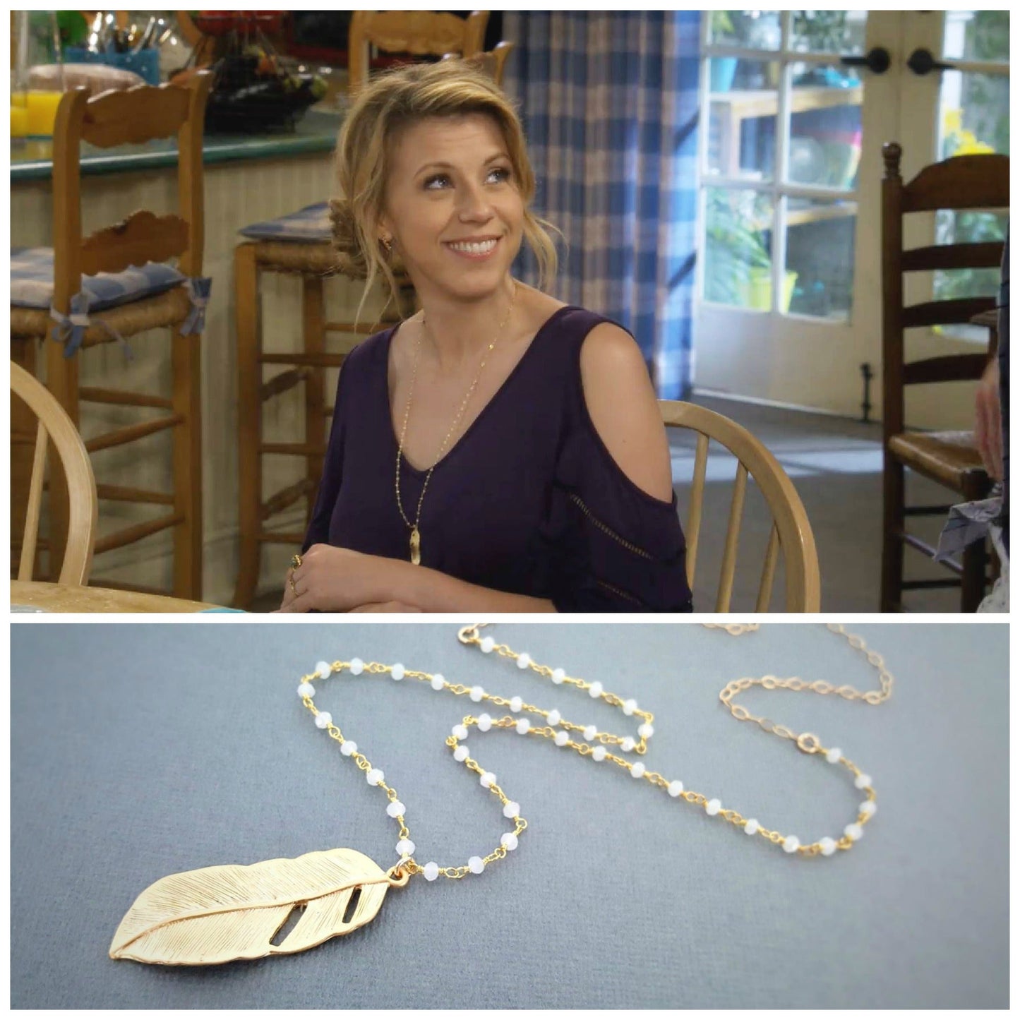 As Seen on Fuller House – Gold Feather & Moonstone Necklace, 24 Inch