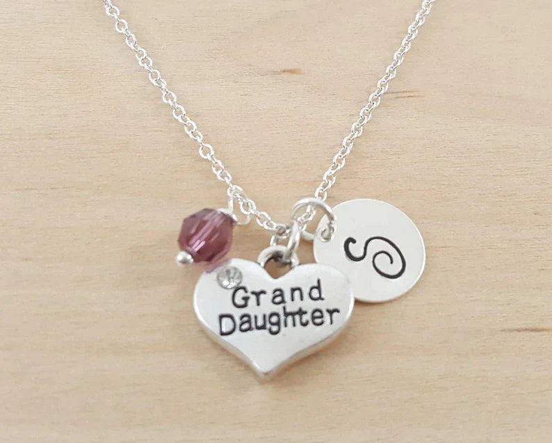 Granddaughter Necklace – Sterling Silver Heart Charm with Birthstone & Initial