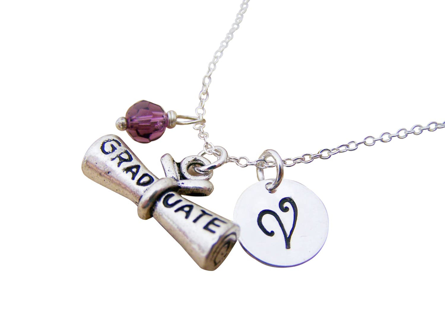 Personalized Sterling Silver Graduation Diploma Necklace – Initial & Birthstone
