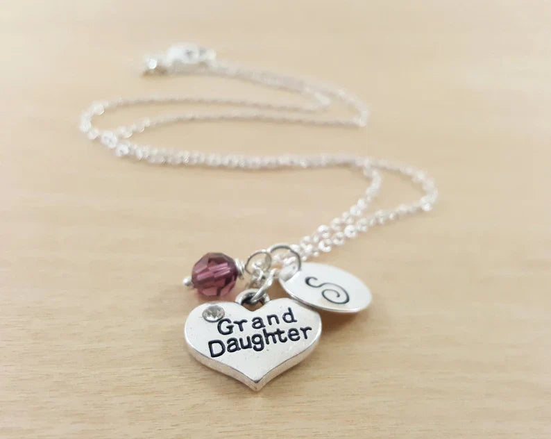 Granddaughter Necklace – Sterling Silver Heart Charm with Birthstone & Initial