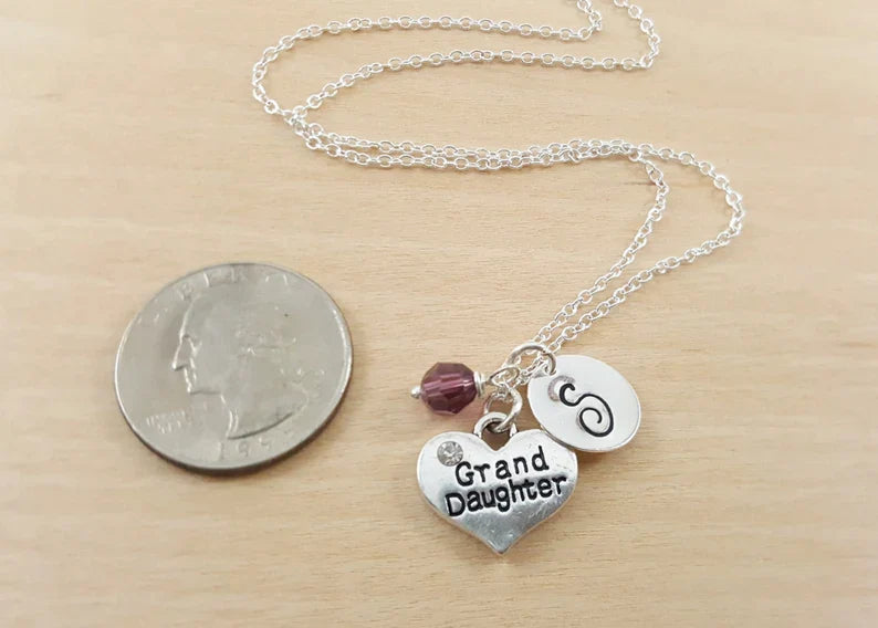 Granddaughter Necklace – Sterling Silver Heart Charm with Birthstone & Initial