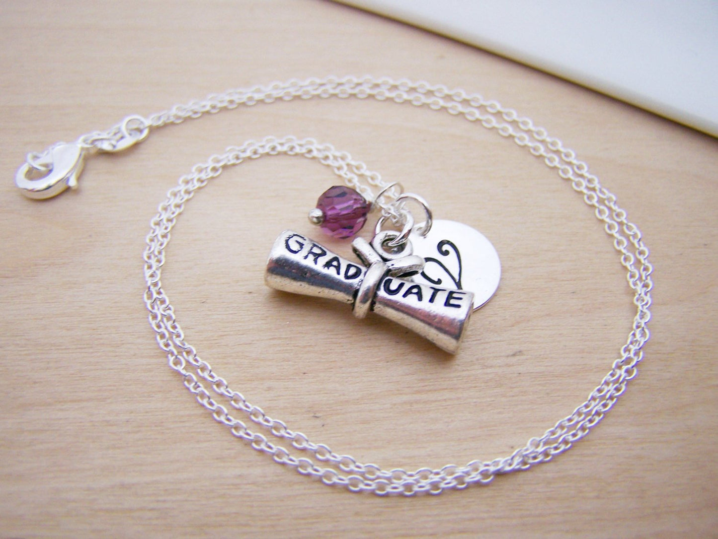 Personalized Sterling Silver Graduation Diploma Necklace – Initial & Birthstone