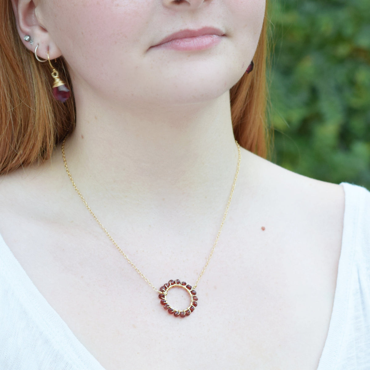Garnet Halo Necklace – 14k Gold Filled