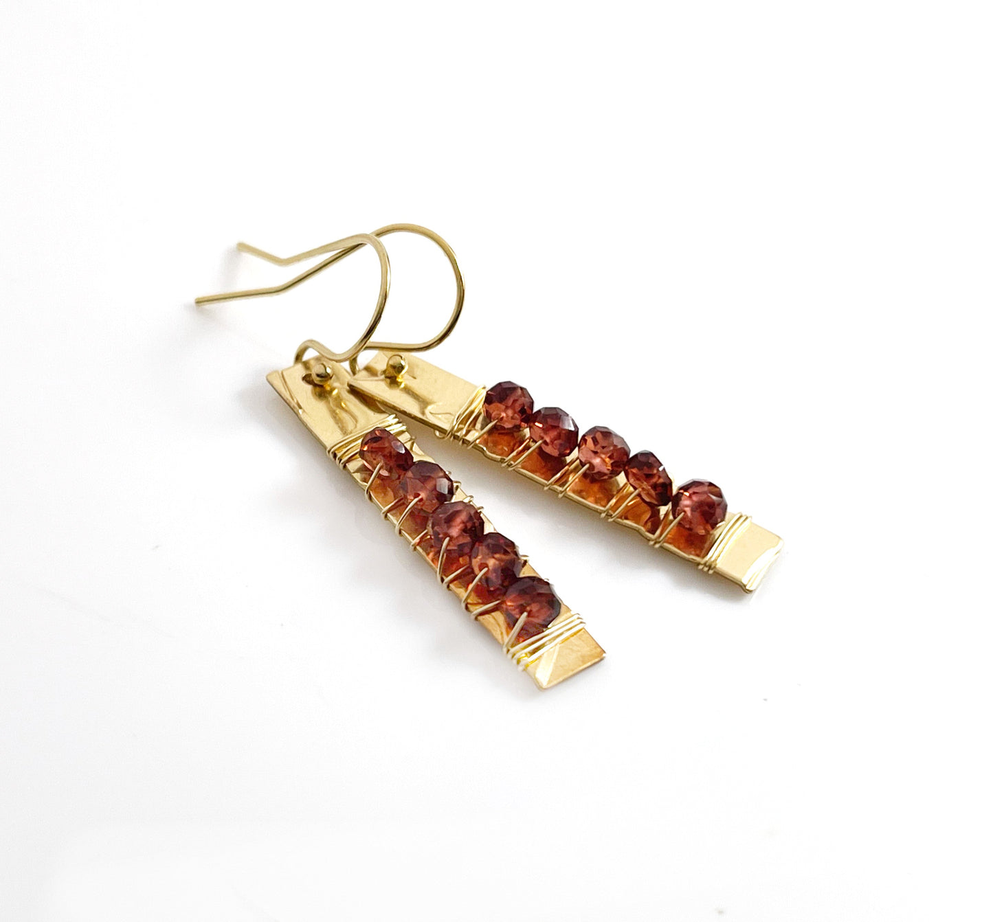 Gold-Filled Hammered Bar Earrings with Garnet (1.5") – One of a Kind