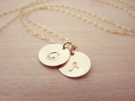 Gold Filled Two-Initial Disc Necklace – Personalized Hand-Stamped Monogram Gift