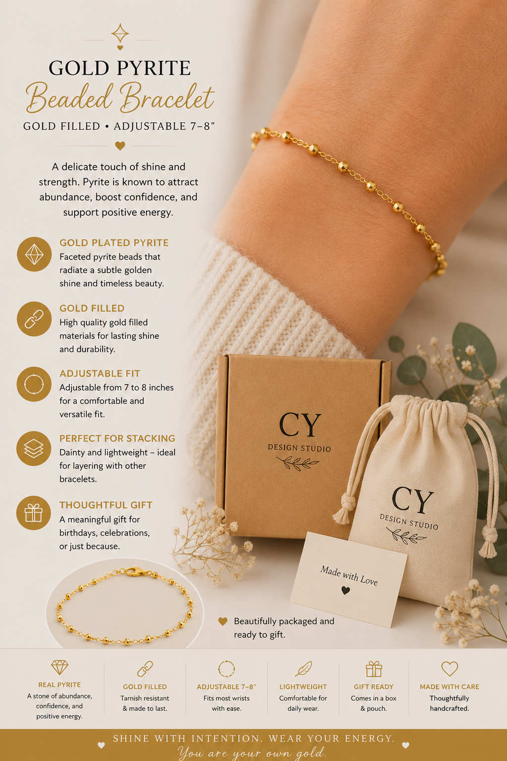 Gold Plated Pyrite Beaded Bracelet – Gold Filled, Adjustable 7–8"