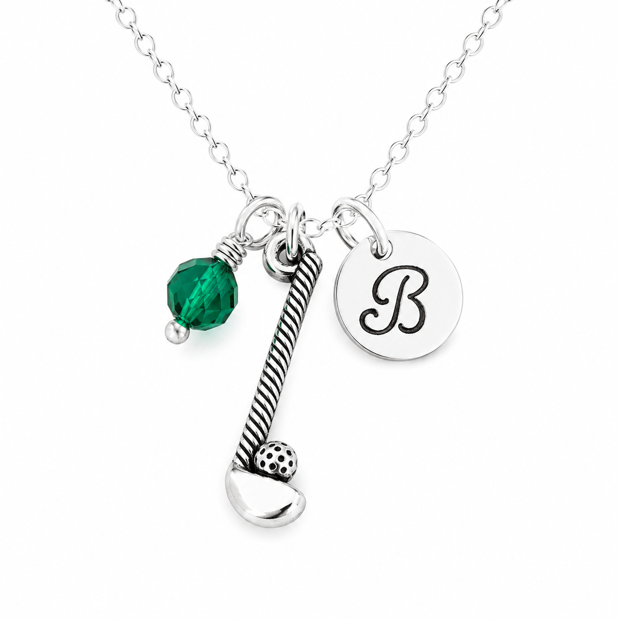 Golf Club Necklace – Sterling Silver with Birthstone & Initial Charm