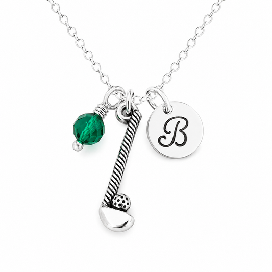 Golf Club Necklace – Sterling Silver with Birthstone & Initial Charm