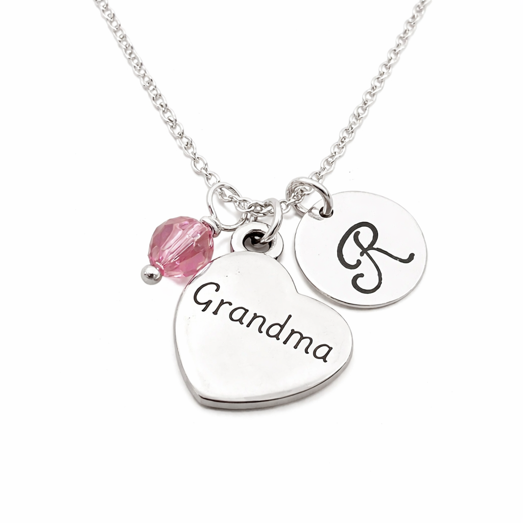 Grandma Necklace – Sterling Silver with Birthstone & Initial Charm