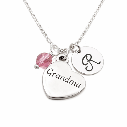 Grandma Necklace – Sterling Silver with Birthstone & Initial Charm
