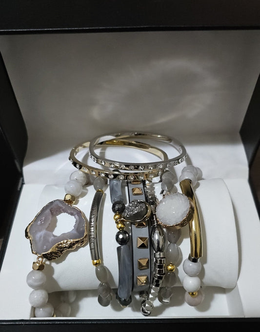 Gray Moonstone and Stripe  Agate Stacked Bracelet set