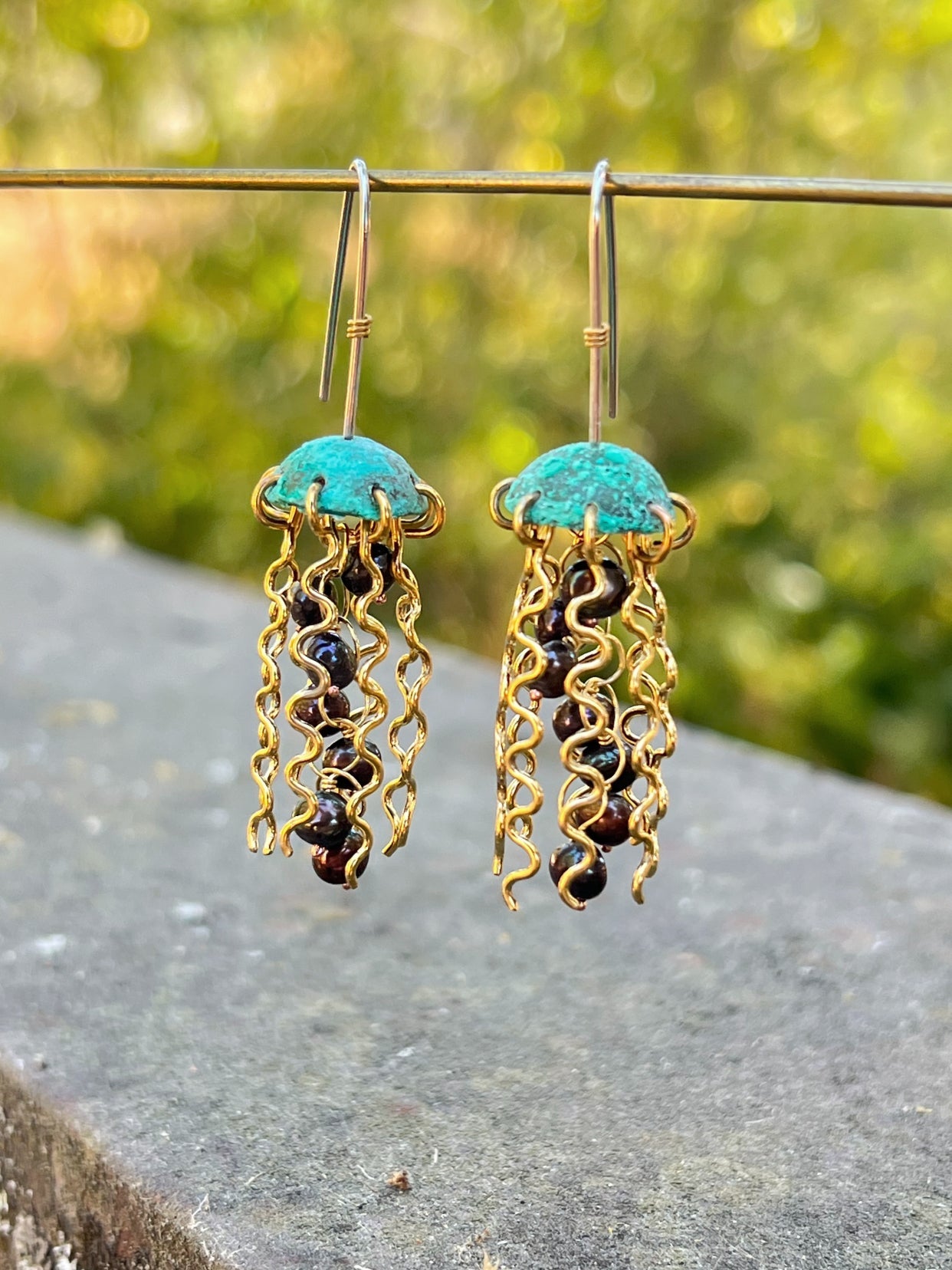 Green Copper Jellyfish Earrings with Dark Pearls and Sterling Silver Earwires