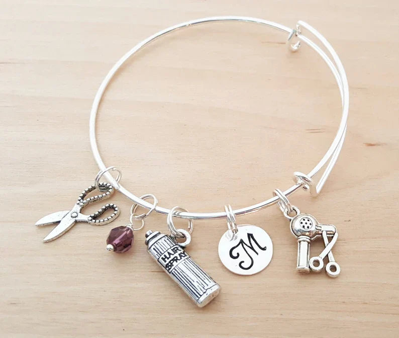 Personalized Hair Stylist Charm Bracelet – Adjustable Bangle with Birthstone & Initial