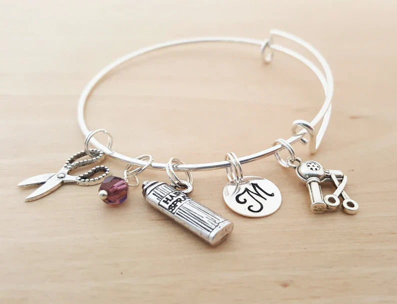 Personalized Hair Stylist Charm Bracelet – Adjustable Bangle with Birthstone & Initial