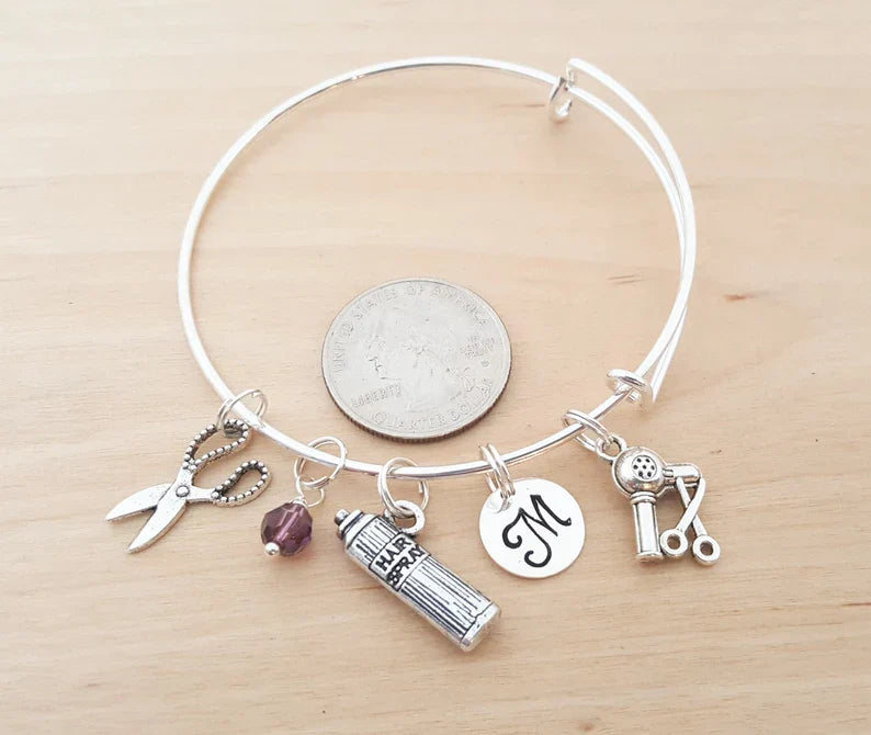 Personalized Hair Stylist Charm Bracelet – Adjustable Bangle with Birthstone & Initial