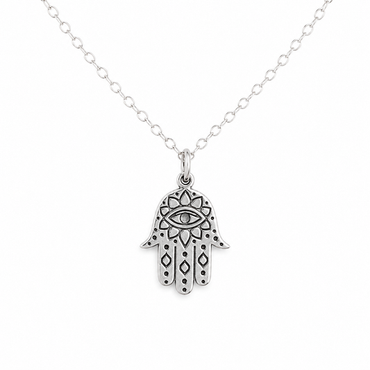 Sterling Silver Hamsa Necklace – Dainty Evil Eye Protection Charm