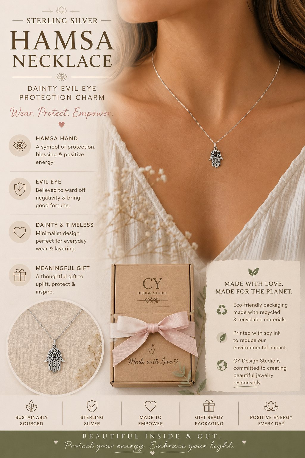 Sterling Silver Hamsa Necklace – Dainty Evil Eye Protection Charm