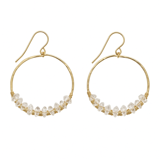 Hammered Gold Hoop Earrings with Wire-Wrapped Herkimer Diamonds – Handmade