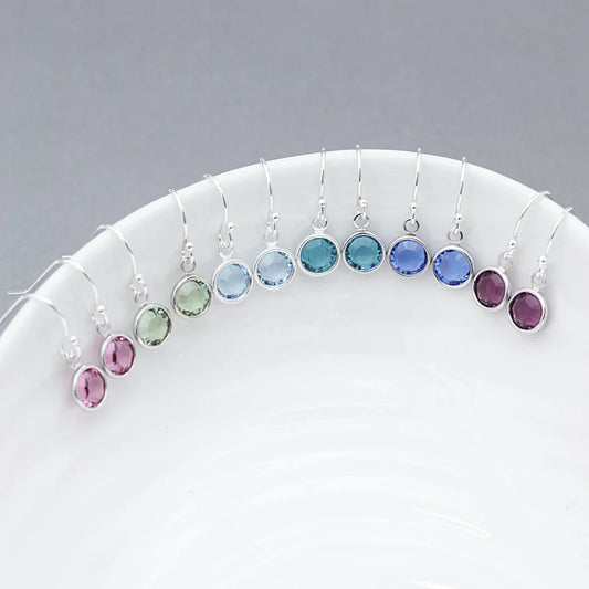 Tiny Sterling Silver Birthstone Drop Earrings – 6mm Swarovski Crystals