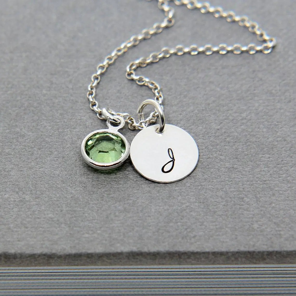 Silver Initial & Birthstone Necklace – Hand Stamped Charm with Swarovski Crystal