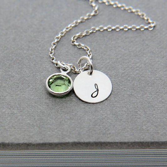 Silver Initial & Birthstone Necklace – Hand Stamped Charm with Swarovski Crystal