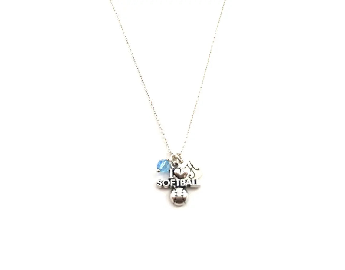 I Heart Softball Charm Necklace - Personalized Sterling Silver Jewelry
