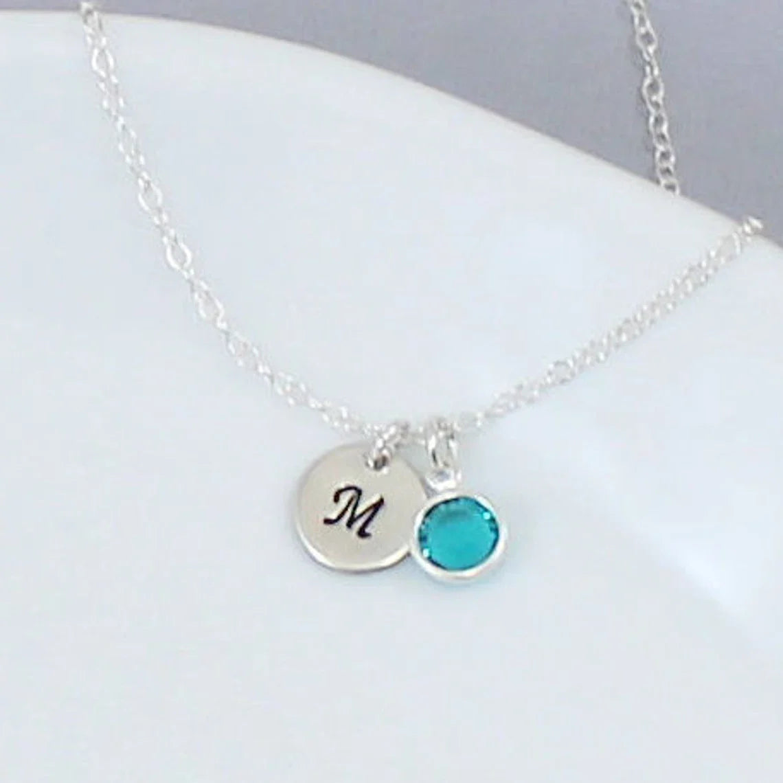 Silver Initial & Birthstone Necklace – Hand Stamped Charm with Swarovski Crystal