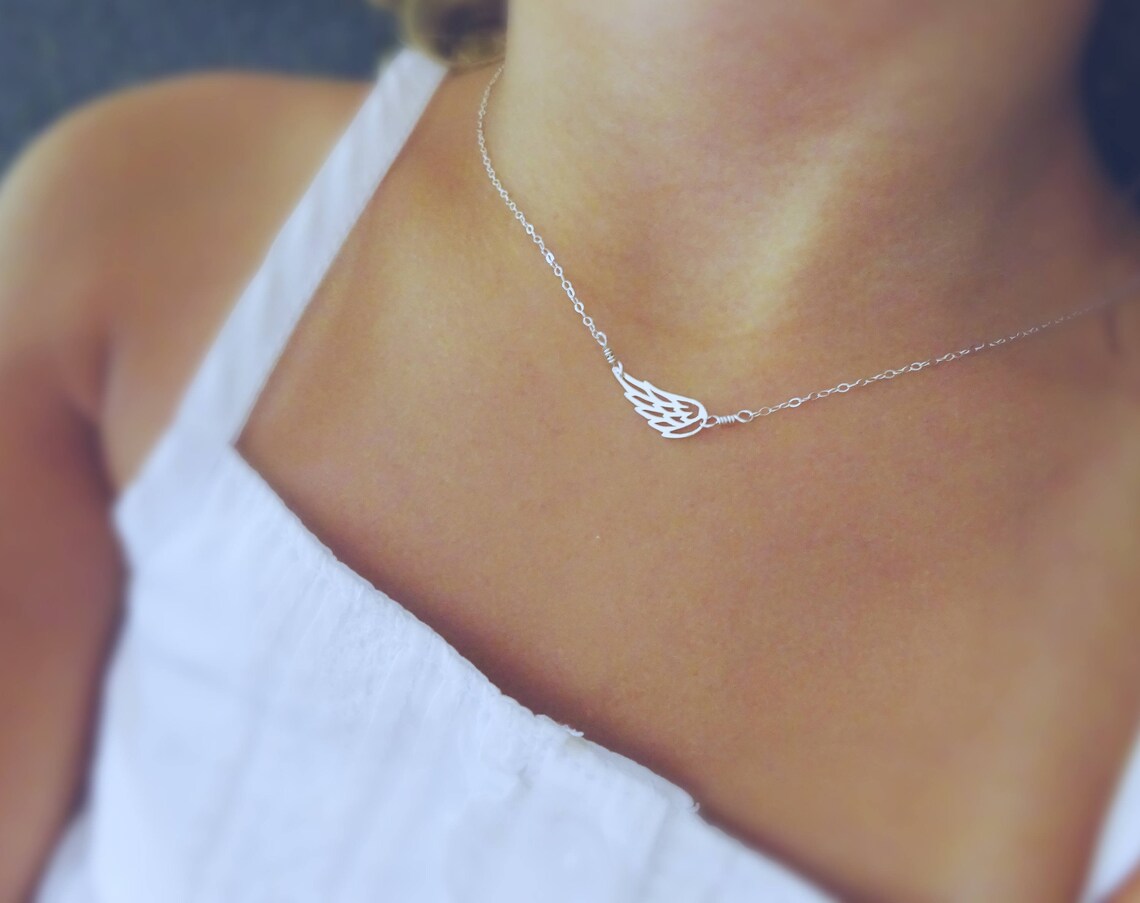 Sideways Angel Wing Memorial Necklace – 18" Gold Filled or Sterling Silver