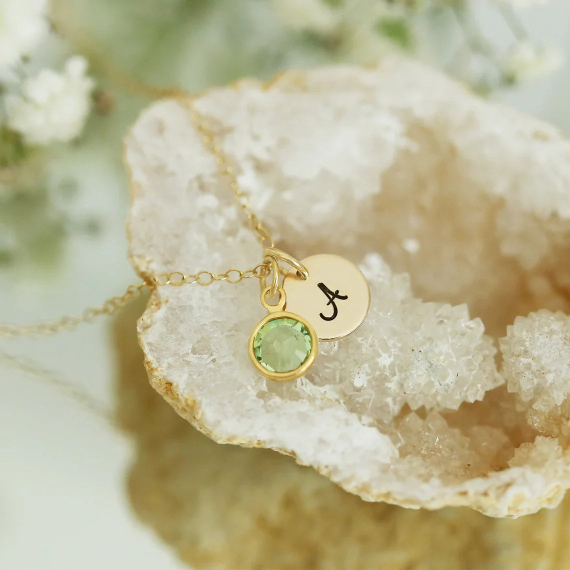 Gold Initial & Birthstone Necklace – Hand Stamped Charm with Swarovski Crystal