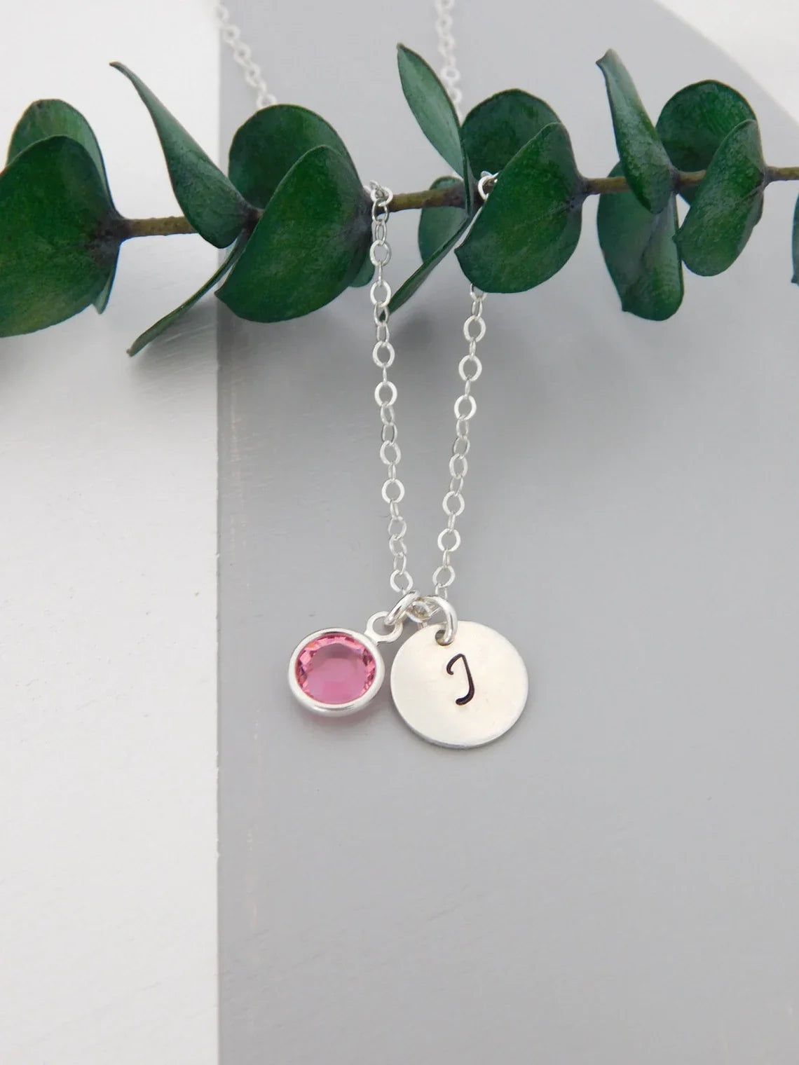 Silver Initial & Birthstone Necklace – Hand Stamped Charm with Swarovski Crystal