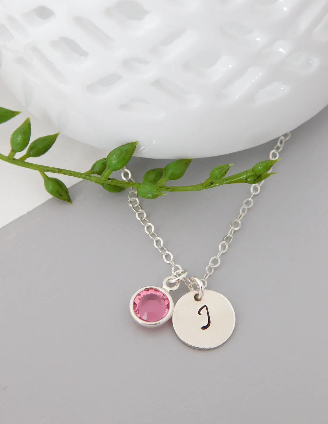 Silver Initial & Birthstone Necklace – Hand Stamped Charm with Swarovski Crystal