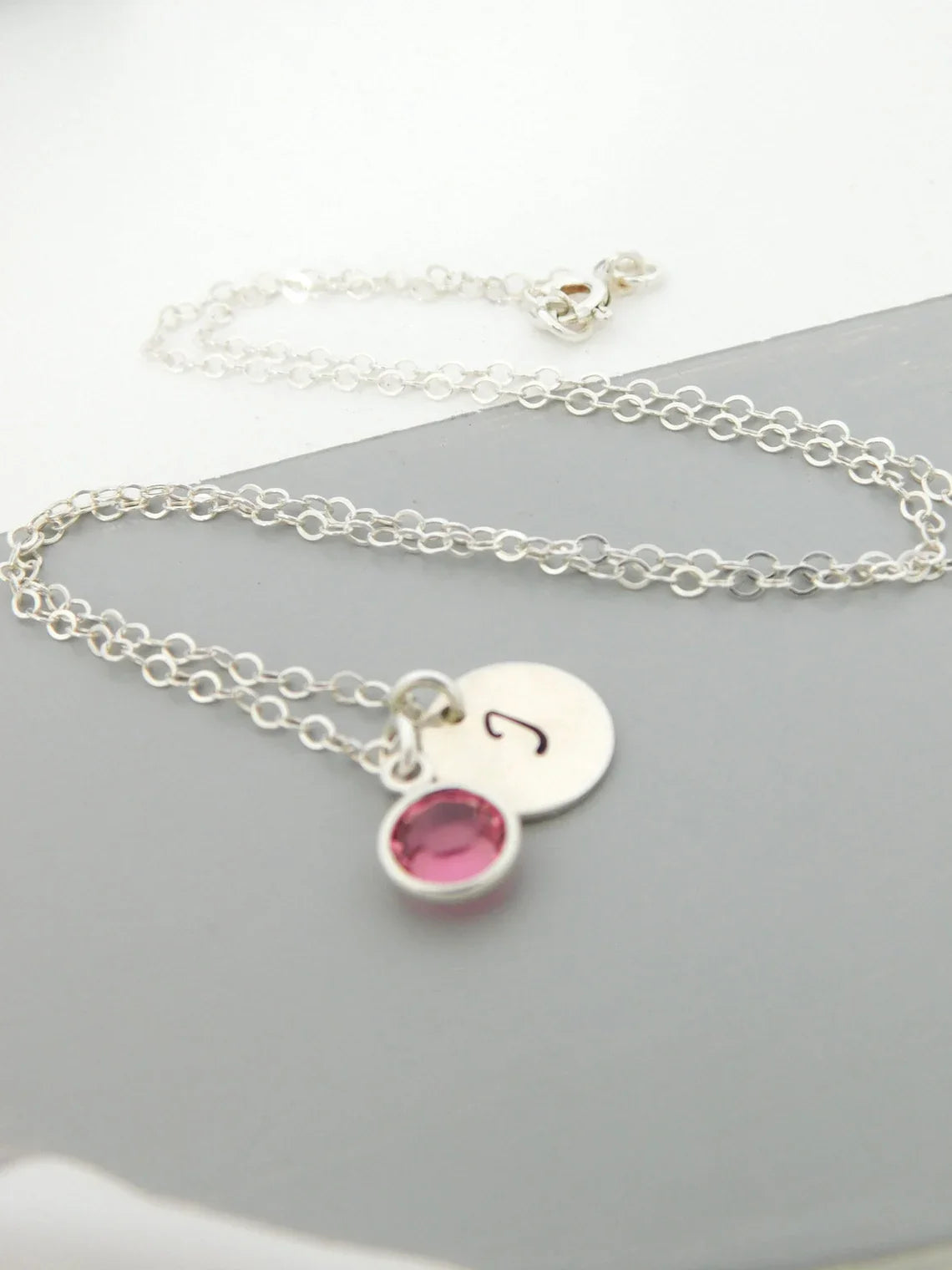 Silver Initial & Birthstone Necklace – Hand Stamped Charm with Swarovski Crystal