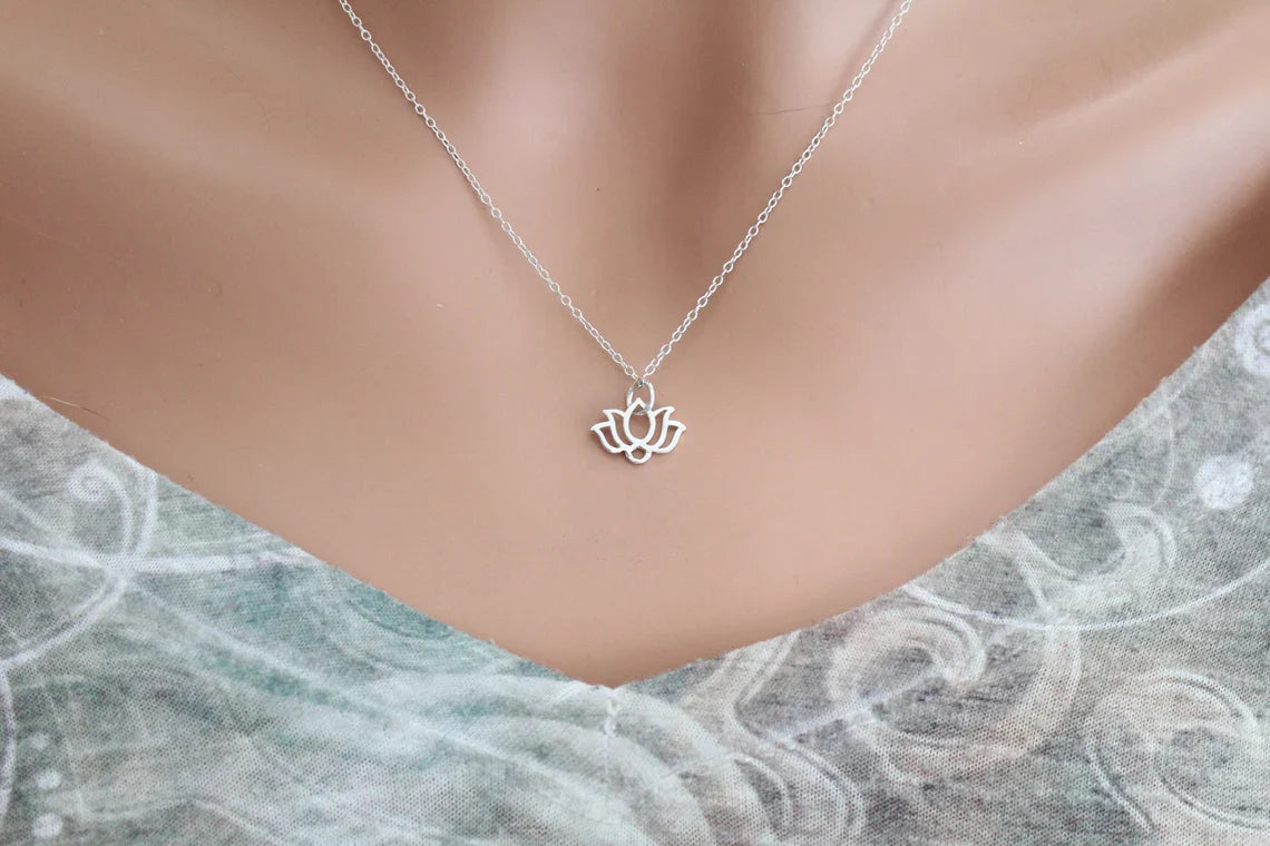 Tiny Wide Lotus Flower Necklace – Sterling Silver on 16" Chain
