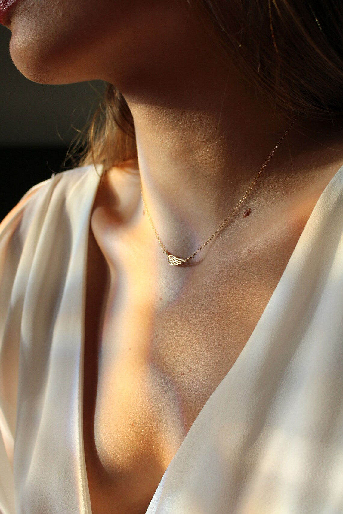 Sideways Angel Wing Memorial Necklace – 18" Gold Filled or Sterling Silver