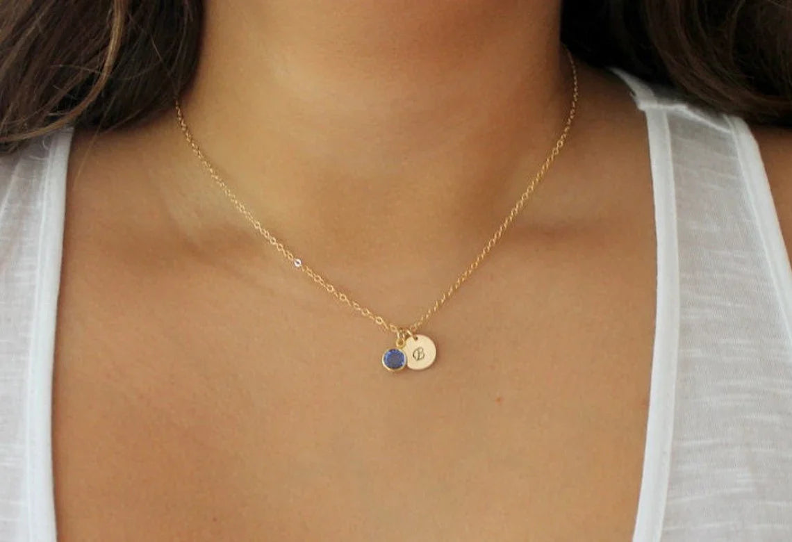 Silver Initial & Birthstone Necklace – Hand Stamped Charm with Swarovski Crystal