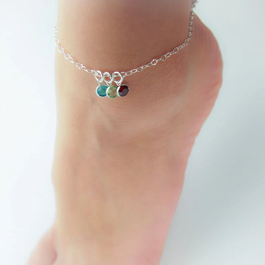 Personalized Birthstone Anklet for Mom – Adjustable Sterling Silver 8–9"
