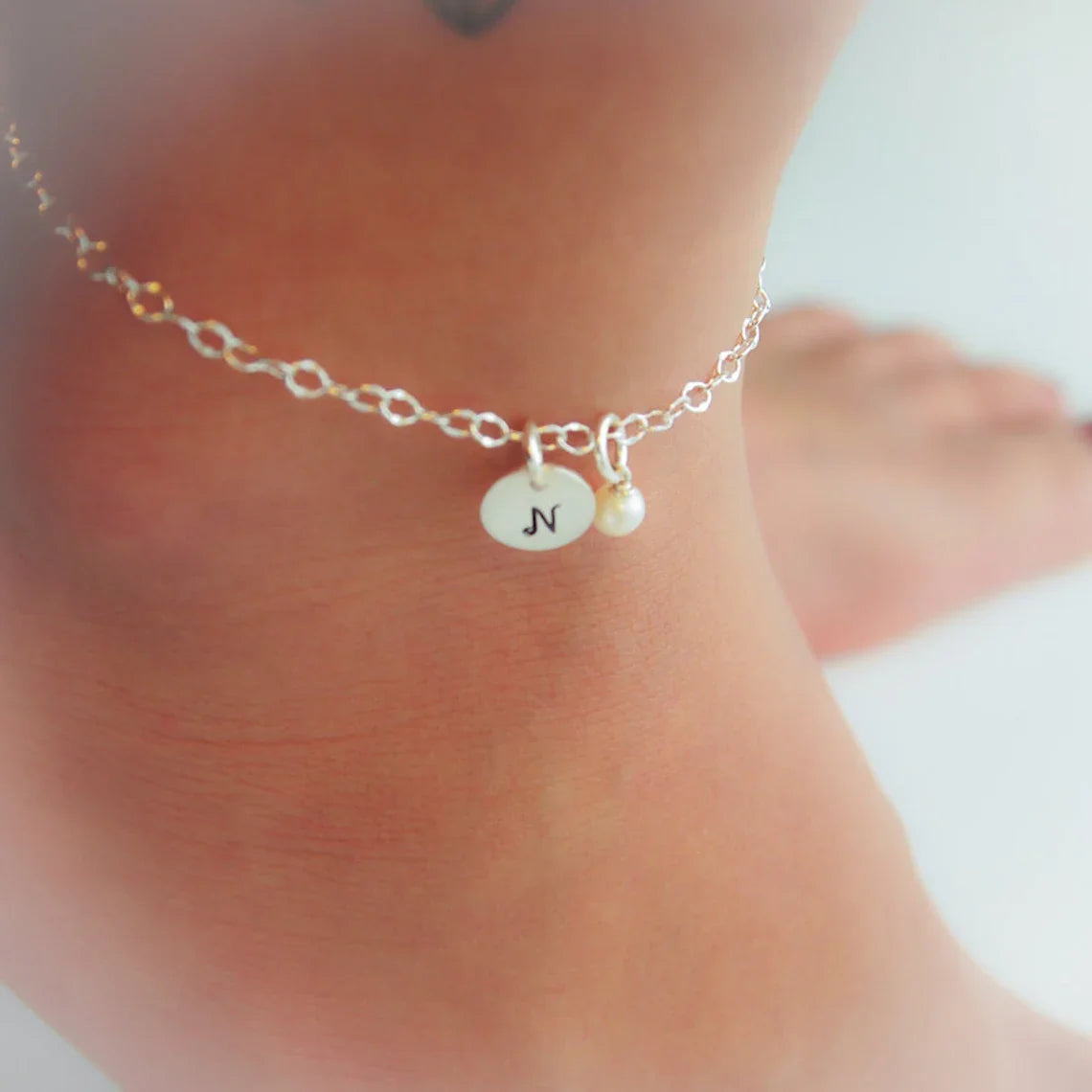 Personalized Sterling Silver Anklet – Custom Initial with Birthstone or Pearl