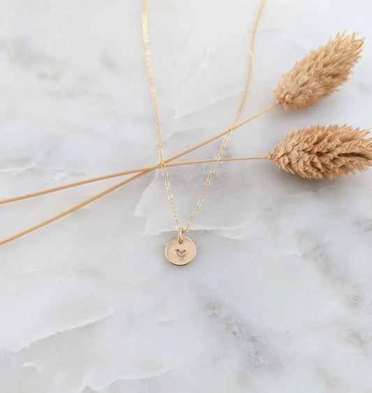 Tiny Heart Necklace – Hand Stamped 9mm Disc, 14k Gold Filled on 18" Chain