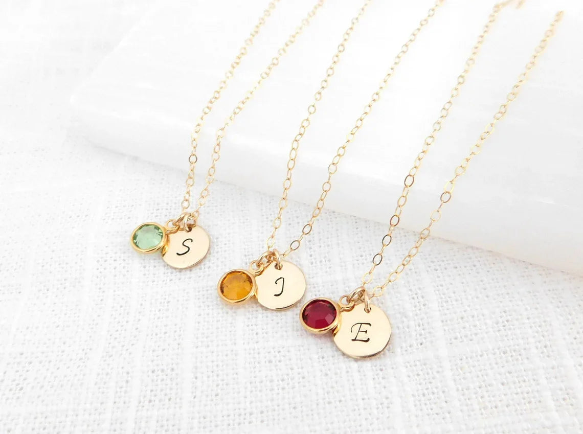Gold Initial & Birthstone Necklace – Hand Stamped Charm with Swarovski Crystal