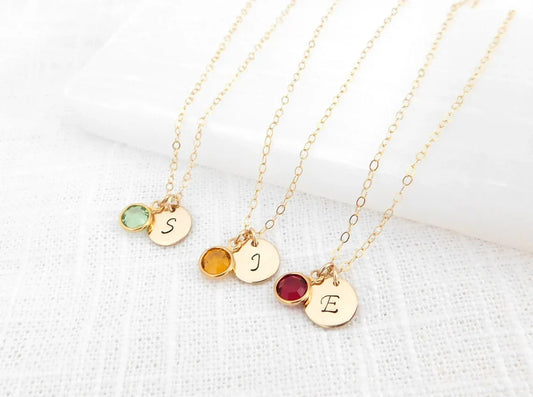 Gold Initial & Birthstone Necklace – Hand Stamped Charm with Swarovski Crystal