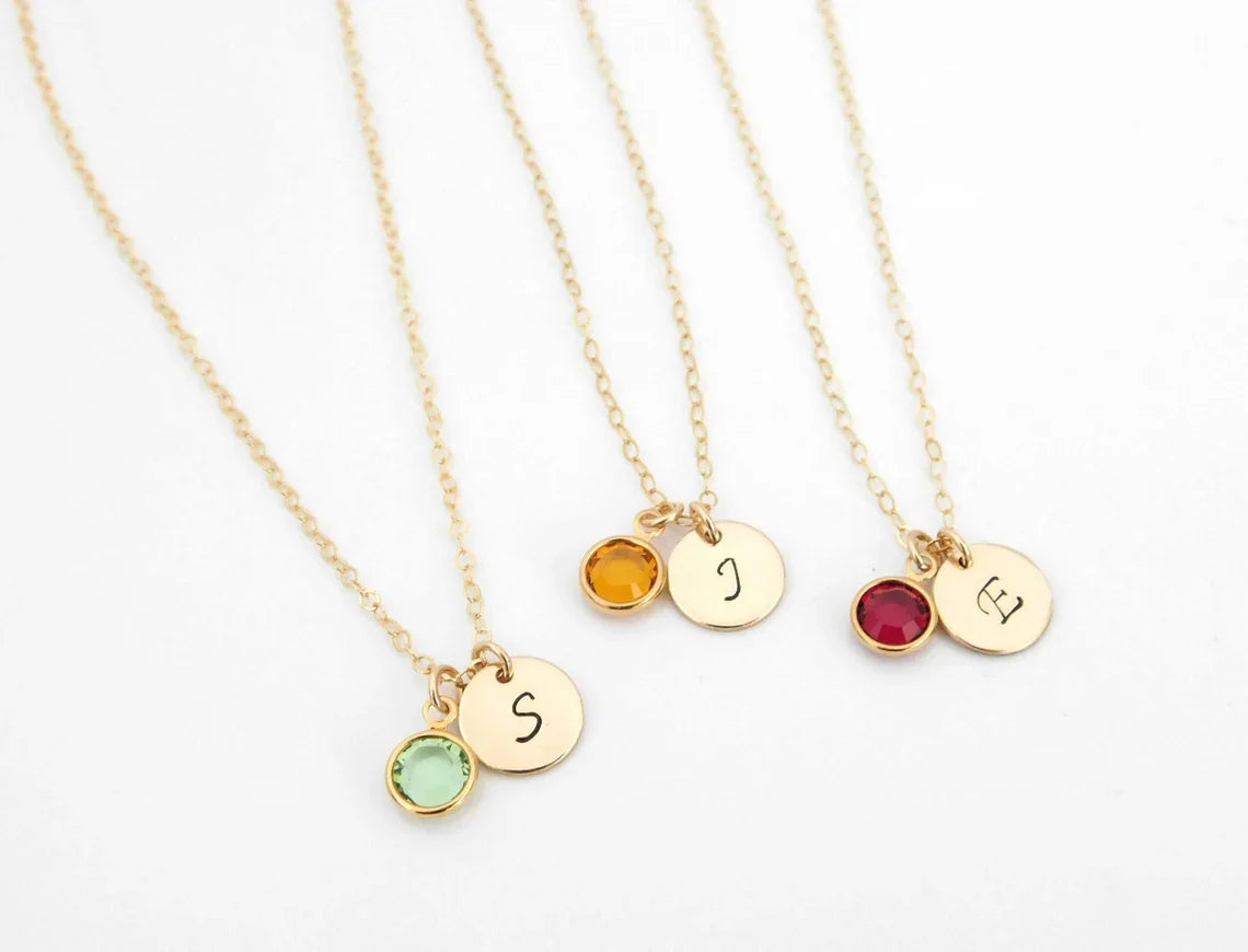 Gold Initial & Birthstone Necklace – Hand Stamped Charm with Swarovski Crystal