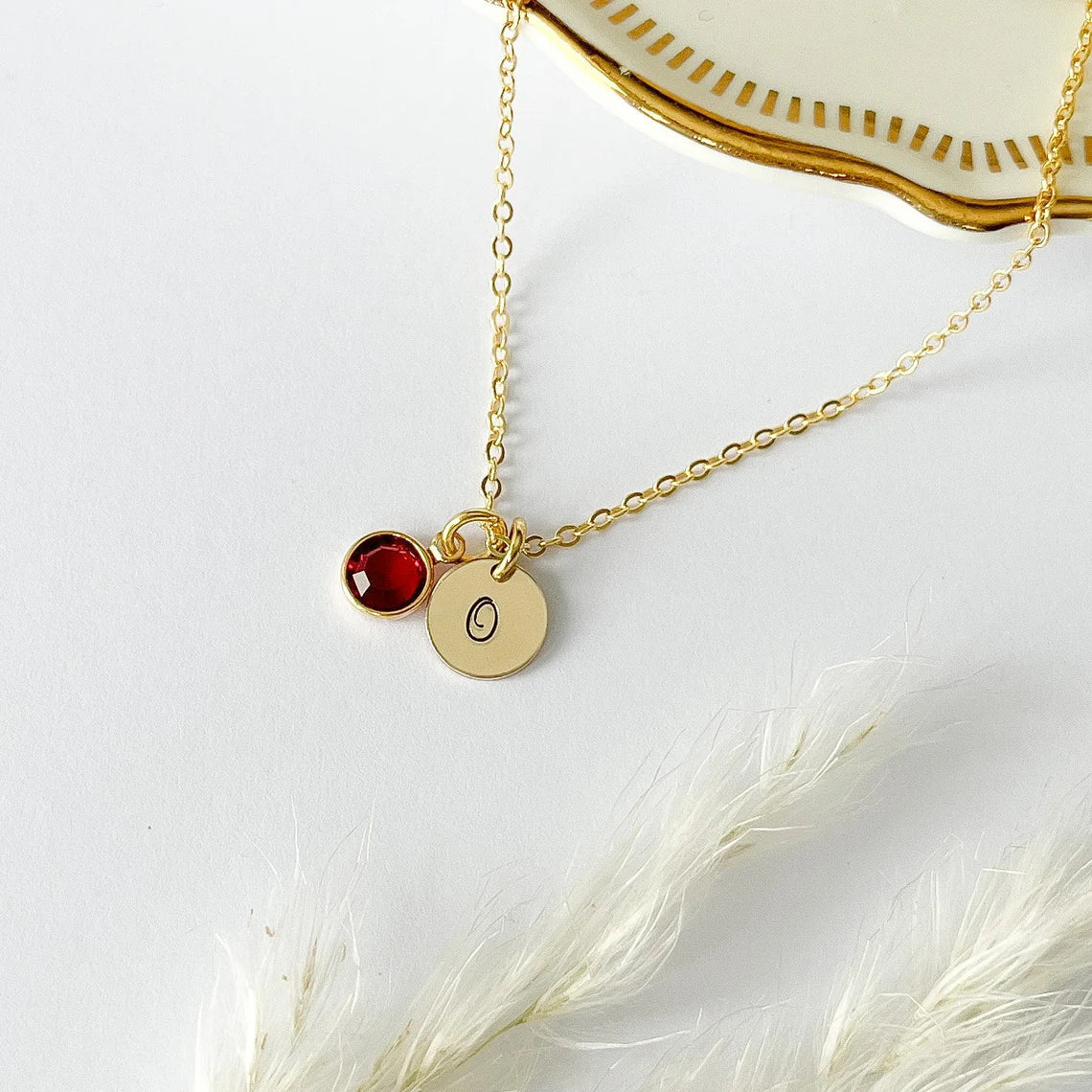 Gold Initial & Birthstone Necklace – Hand Stamped Charm with Swarovski Crystal