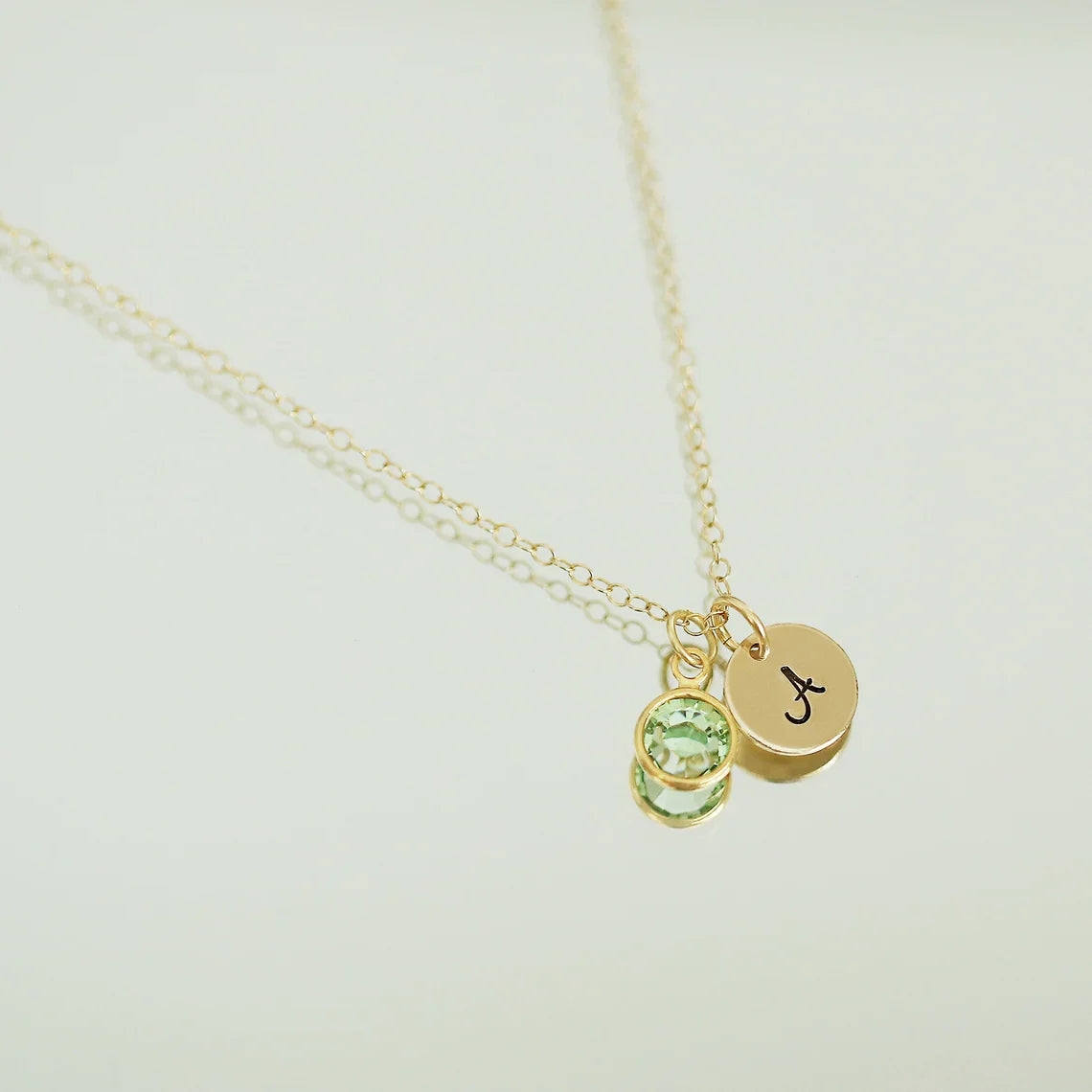 Gold Initial & Birthstone Necklace – Hand Stamped Charm with Swarovski Crystal