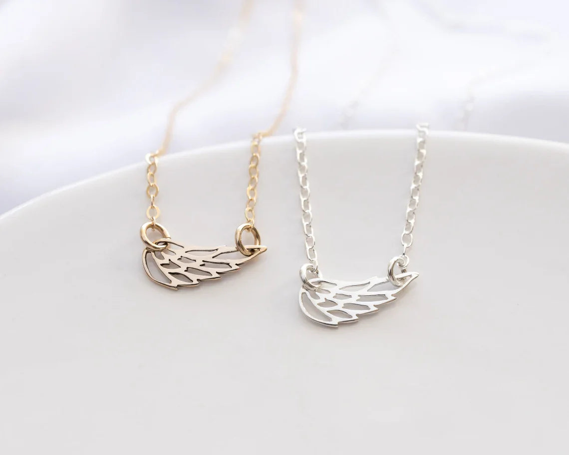 Sideways Angel Wing Memorial Necklace – 18" Gold Filled or Sterling Silver