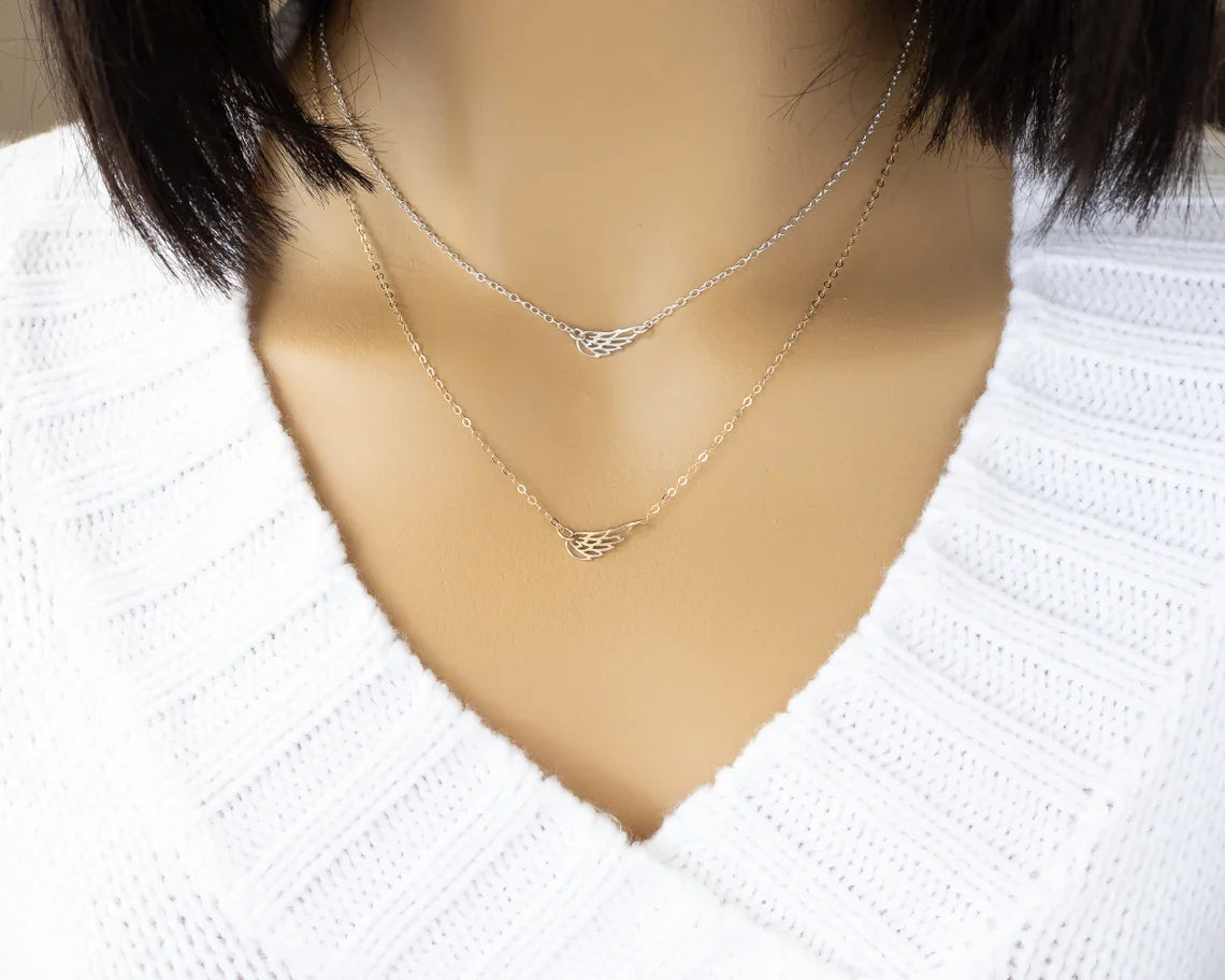 Sideways Angel Wing Memorial Necklace – 18" Gold Filled or Sterling Silver