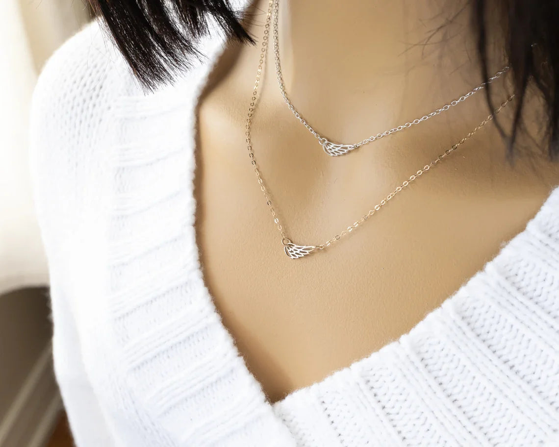 Sideways Angel Wing Memorial Necklace – 18" Gold Filled or Sterling Silver