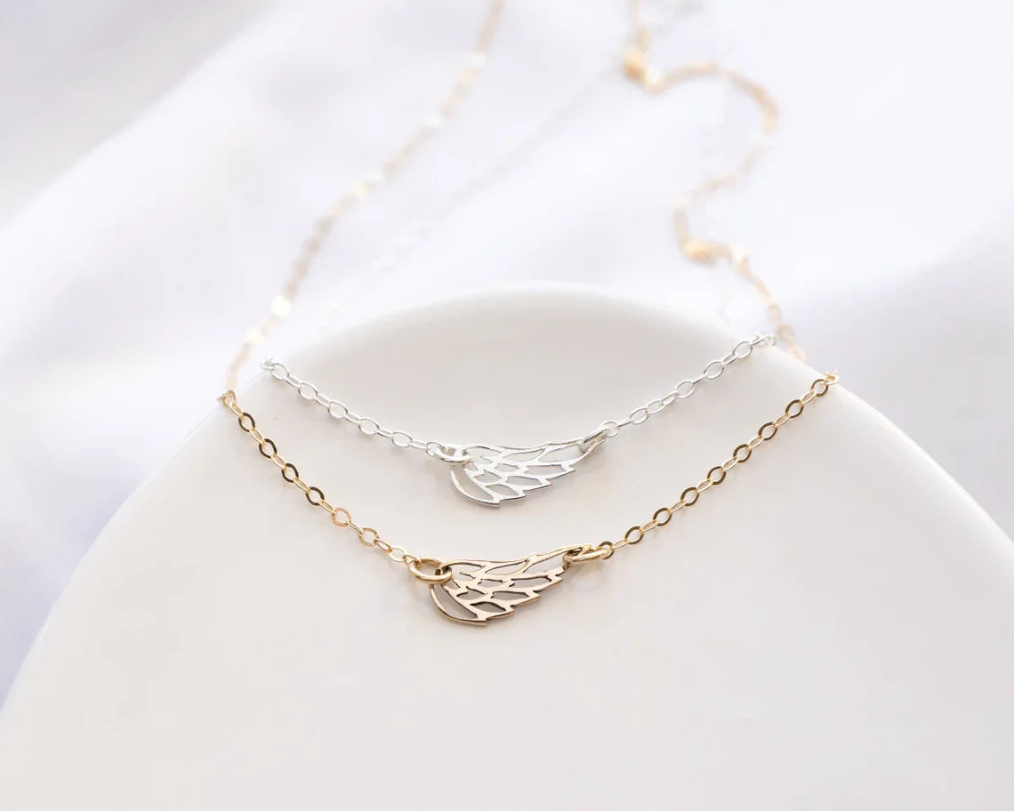 Sideways Angel Wing Memorial Necklace – 18" Gold Filled or Sterling Silver