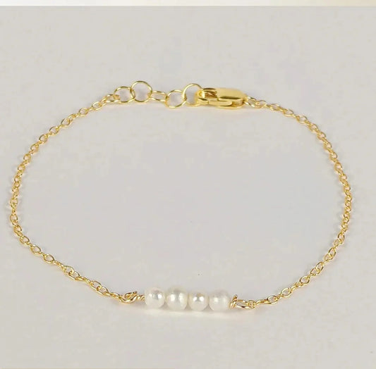 Minimalist Pearl Bar Bracelet – Genuine Freshwater Pearls, 14k Gold Filled, Adjustable 7–8”