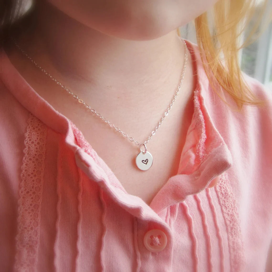 Tiny Hand Stamped Heart Necklace – Sterling Silver, 16" or 18" Chain